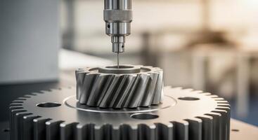 Coordinate measuring machine inspecting a metal gear for precision and quality control photo