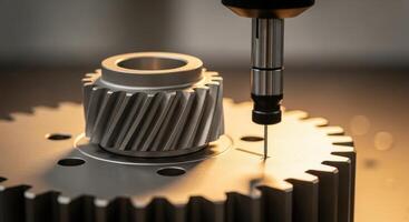 Precision machine probe inspecting a metal gear for quality control in manufacturing. photo