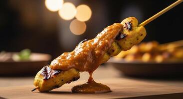 Grilled chicken satay skewer with peanut sauce dripping on wooden surface photo