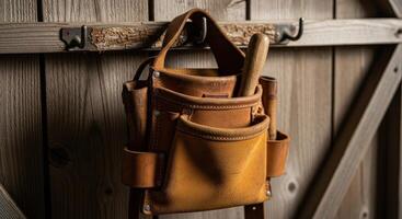 Brown leather tool belt with pockets hanging on a rustic wooden wall in a workshop photo