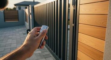 Man hand using remote control to open modern automatic gate at a residential property photo