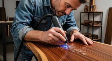 Man engraving floral design on wooden table with laser tool in workshop photo
