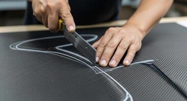 Man hands precisely cutting a carbon fiber sheet with a utility knife in a workshop. photo