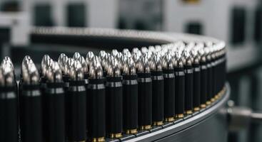 Ammunition cartridges moving on a conveyor belt in a modern industrial factory production line photo