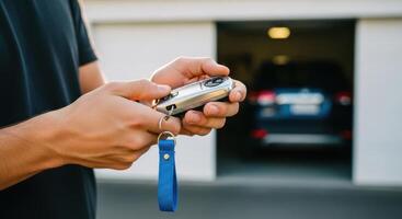 Man hands holding a car remote key in front of a garage with a vehicle inside. photo