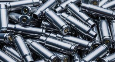 Pile of shiny metallic empty bullet casings for ammunition and firearm concepts photo