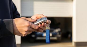 Man hands holding a modern car key fob to open or close an automatic garage door photo