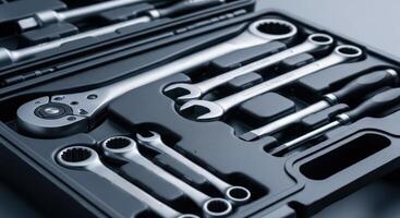 Professional tool kit with wrenches and screwdrivers for automotive and home repair photo