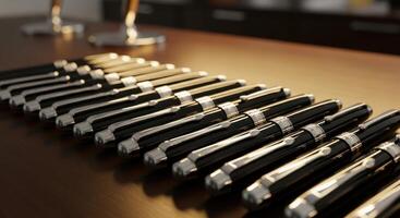 Elegant black and silver pens neatly arranged on a polished wooden desk photo