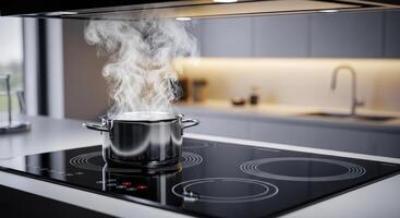 Stainless steel pot with steam on a modern induction cooktop in a contemporary kitchen photo