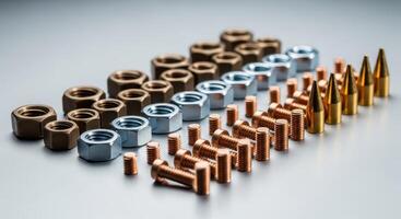 Collection of diverse metal nuts, bolts, and fasteners for industrial and mechanical use photo