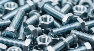 Close up view of shiny metal bolts and nuts for industrial and construction projects. photo