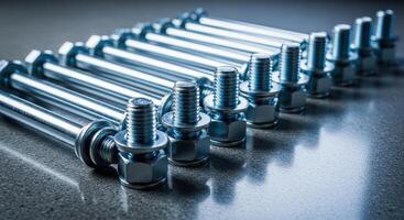 Shiny metal bolts with nuts and washers arranged in a row for industrial use photo