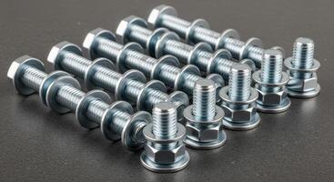 Shiny metal bolts with nuts and washers arranged in rows, representing industrial hardware photo
