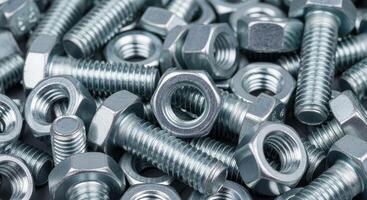 Close up of silver metal bolts and nuts forming an industrial background texture photo