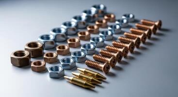 Assortment of metal nuts, screws, and fasteners for industrial and mechanical use. photo