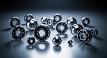 Shiny metal ball bearings and steel balls on a dark reflective surface photo