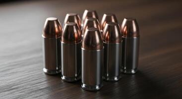 Close up of metallic bullets with copper tips standing on a dark wooden surface. photo