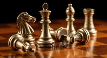 Bronze chess pieces on a wooden board with a fallen queen symbolizing defeat photo