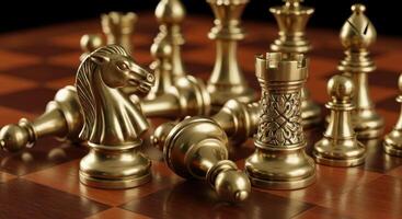 Elegant gold chess pieces on a wooden board representing business strategy and challenge photo