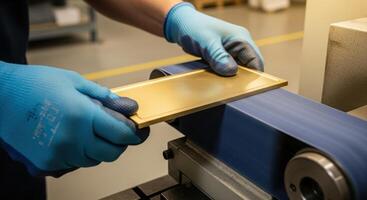 Worker in protective gloves uses a belt sander to polish a metal component in a factory. photo