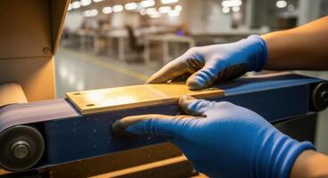 Worker in blue gloves sands a metal plate using a belt sander in a manufacturing facility. photo