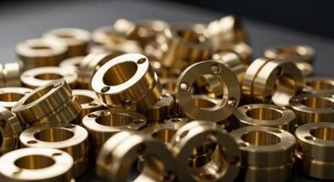 Close up of a pile of golden brass industrial metal parts for engineering and manufacturing. photo