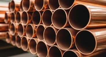 Stack of shiny copper pipes for industrial and plumbing applications photo