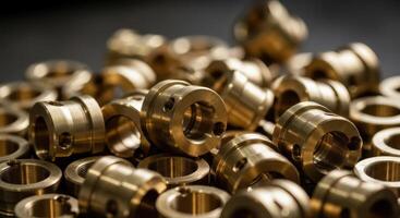 Pile of shiny brass industrial parts for mechanical engineering and manufacturing photo