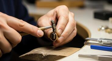Close up of a jeweler hands using a hammer to shape a gold ring in a workshop. photo