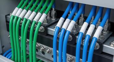 Close up of green and blue electrical cables connected in a power distribution panel photo