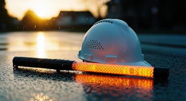 White hard hat and illuminated traffic wand on wet road at sunset for safety. photo