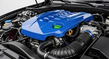 Detailed close up view of a modern car engine with a bright blue cover and components photo