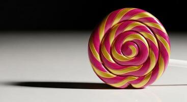 A vibrant pink and gold swirl lollipop with a spiral pattern on a light surface. photo