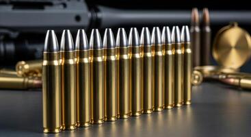 Close up of a row of golden bullets with a rifle and more ammunition in the background photo