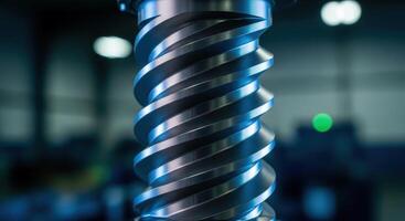 Close up of a shiny metallic screw thread from industrial machinery with blue light reflections photo