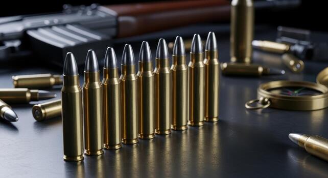 Close up of a row of golden rifle cartridges standing upright with a weapon in the background photo