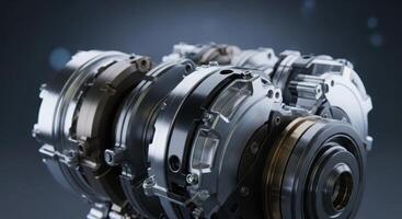 Close up view of a sophisticated metallic engine or industrial machine component photo