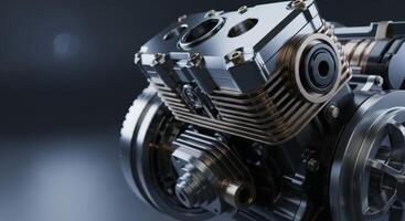 Close up of a powerful metallic engine, highlighting intricate mechanical components and engineering. photo
