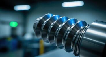 Close up of a precision metallic threaded screw shaft in an industrial manufacturing facility photo