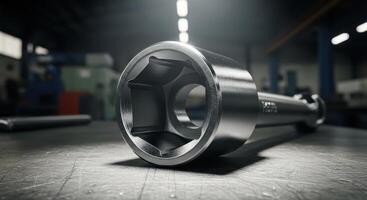 Shiny metal socket wrench lying on a workbench in an industrial workshop photo