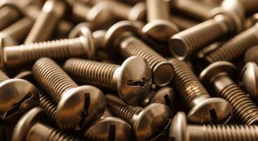 Close up of a pile of metal screws with slotted heads for industrial and construction use. photo
