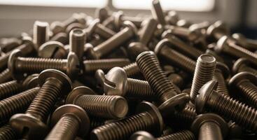 Abundant pile of metal screws, highlighting industrial hardware and mechanical components. photo