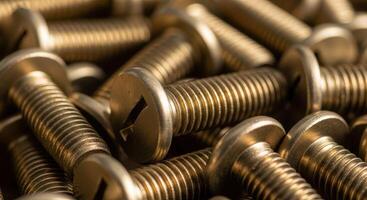 Macro shot of a pile of shiny brass colored slotted flat head screws photo