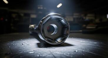 Shiny metallic socket wrench head on a dark workshop surface with dramatic lighting photo
