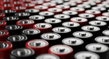 Close up view of numerous red and black cylindrical batteries arranged in neat rows for energy storage photo