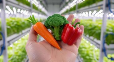 Hand holding fresh carrot, broccoli, and red pepper in a modern indoor vertical farm photo