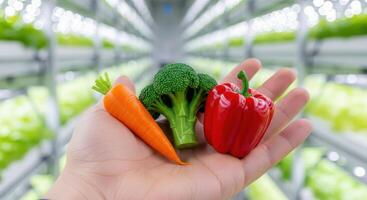 Hand holding fresh carrot, broccoli, and red bell pepper in vertical farm. photo