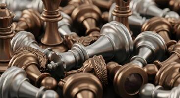 Pile of metallic silver and bronze chess pieces symbolizing strategy photo