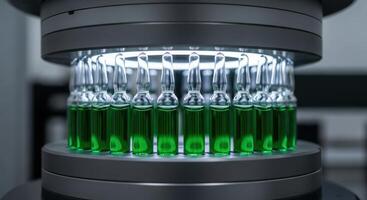 Glass ampoules with green liquid illuminated in a modern pharmaceutical laboratory photo